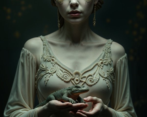Regal Woman in Elegant Gown with Lizard in Hands