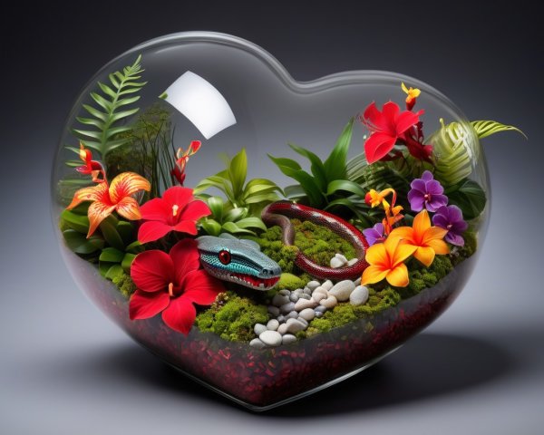 Heart-Shaped Terrarium with Vibrant Plants and Snake