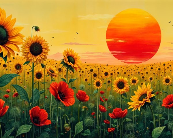 Vibrant Landscape of Sunflowers and Poppies at Sunset