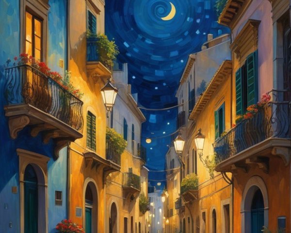 Charming Cobblestone Street Under Starry Night Sky
