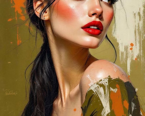 Stylized Painting of a Dark-Haired Woman in Green Garment