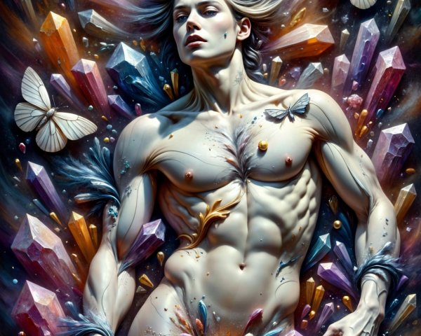 Stylized figure surrounded by crystals and butterflies