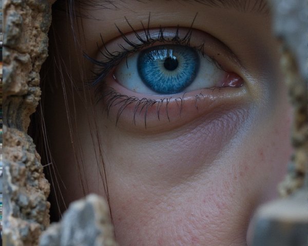 Close-Up of a Blue Eye Through Textured Wood