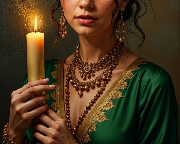 Young Woman in Elegant Green Gown with Candlelight
