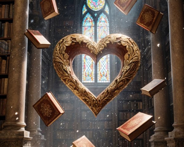 Illuminated Library with Heart-Shaped Frame and Books