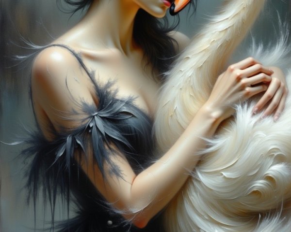 Serene Woman in Dark Gown Embracing a Swan