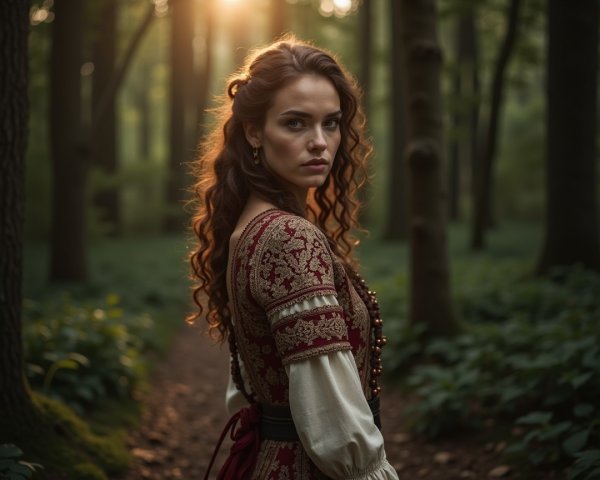 Young Woman in Vintage Dress in Serene Forest Setting