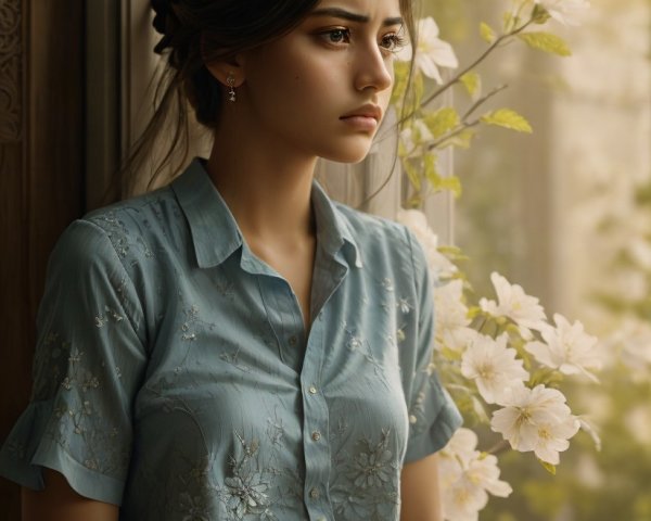 Young woman in blue blouse gazes out window thoughtfully