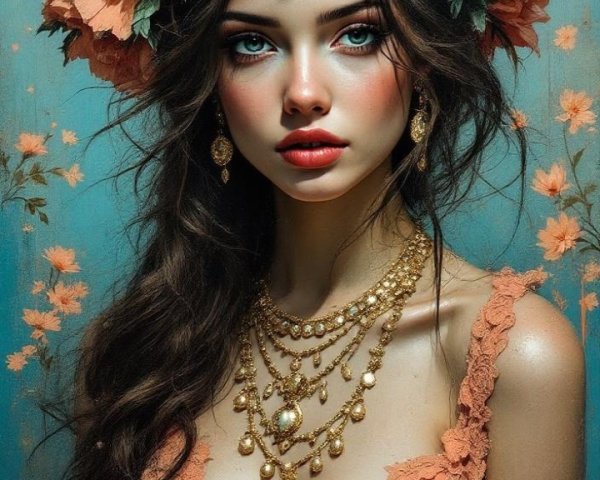 Woman in Lace Dress with Floral Accents and Jewelry