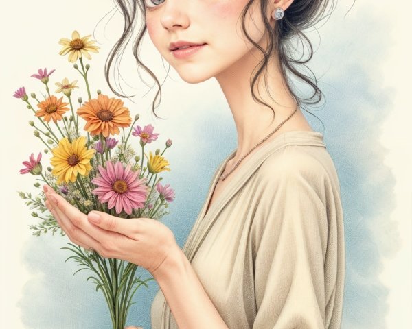 Young woman with flowers in light beige dress