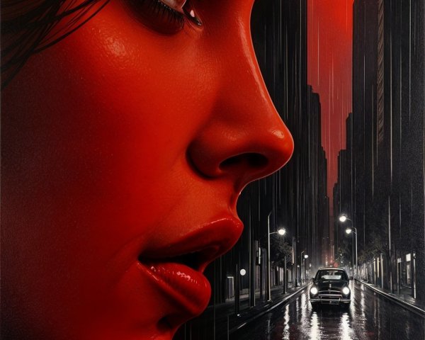 Portrait of a woman with red backdrop and cityscape