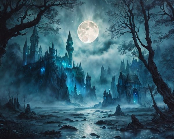 Haunting Moonlit Landscape with Mysterious Castle