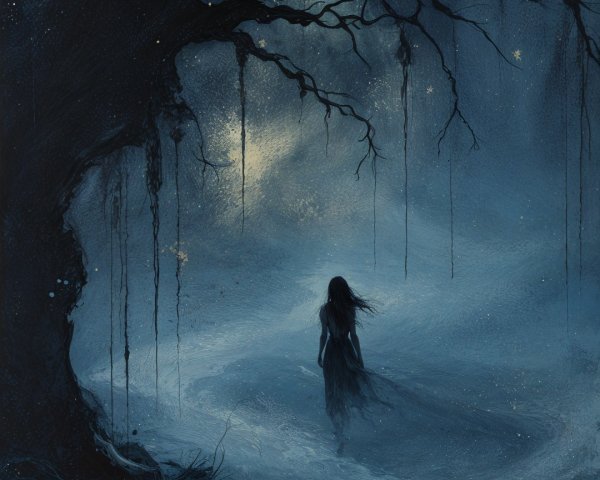 Ghostly Figure in Twilight Forest with Full Moon
