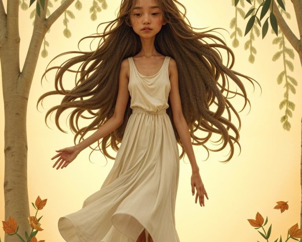 Young girl in white dress walking in serene forest