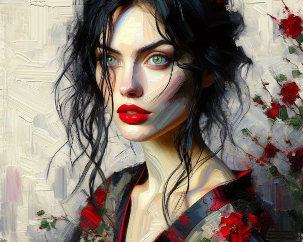 Close-up Oil Painting of Woman in Kimono with Flowers