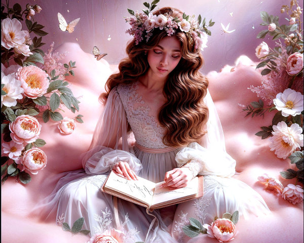 Serene Scene of a Woman Writing Among Flowers and Butterflies