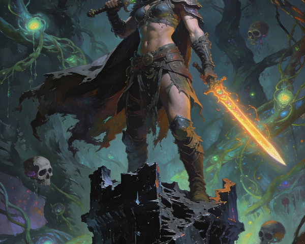 Muscular Woman Warrior in Dark Fantasy Setting