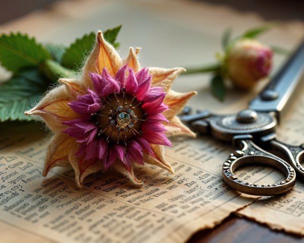 Close-up of Unique Flower on Vintage Newspaper Clippings