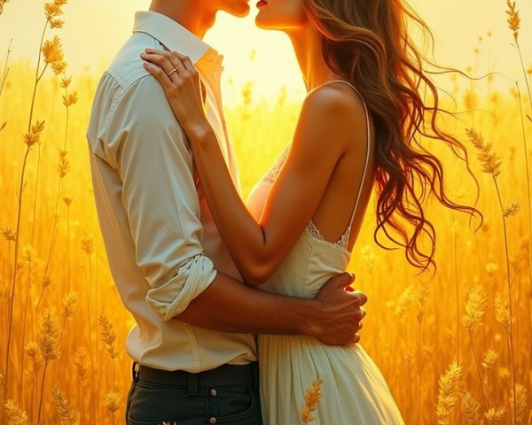 Young Couple Embraced in Golden Wheat Field at Sunset