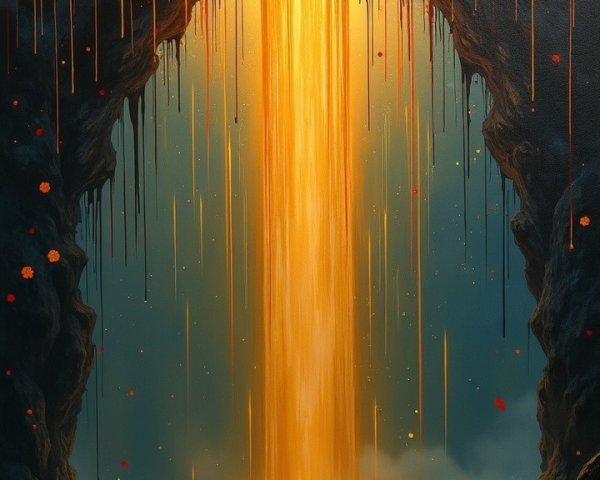 Mystical Cave Scene with Luminous Sun and Waterfall