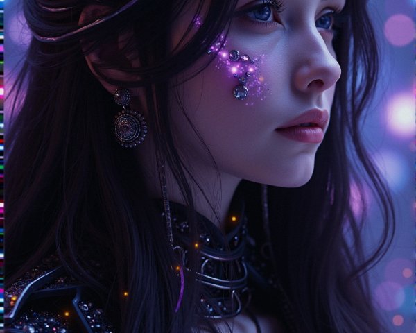 Young woman with glowing hair and jeweled face in vibrant colors