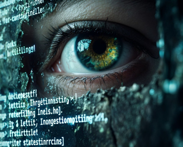 Close-Up of Human Eye in Digital Code Matrix