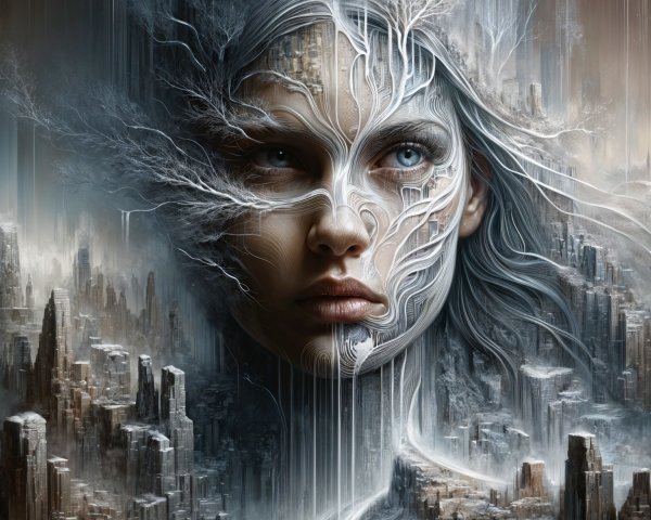 Surreal Portrait of Woman Merging with Nature Patterns