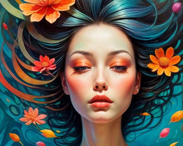 Serene Female Figure with Blue Hair and Flowers