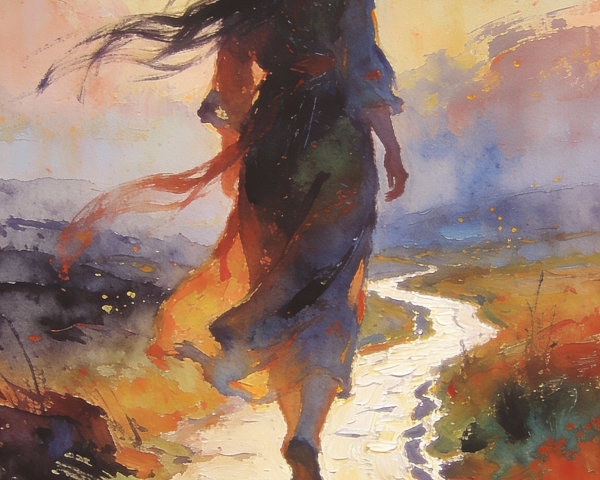 Vibrant Oil Painting of a Woman on a Winding Pathway
