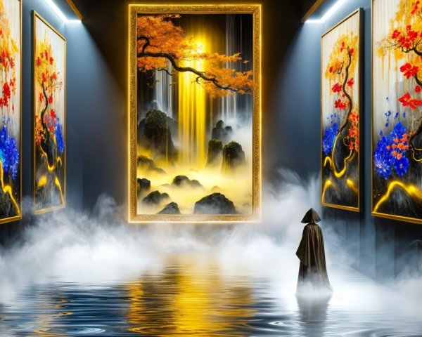 Surreal Gallery with Cloaked Figure and Glowing Art