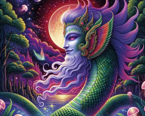 Majestic merfolk in a mystical night landscape
