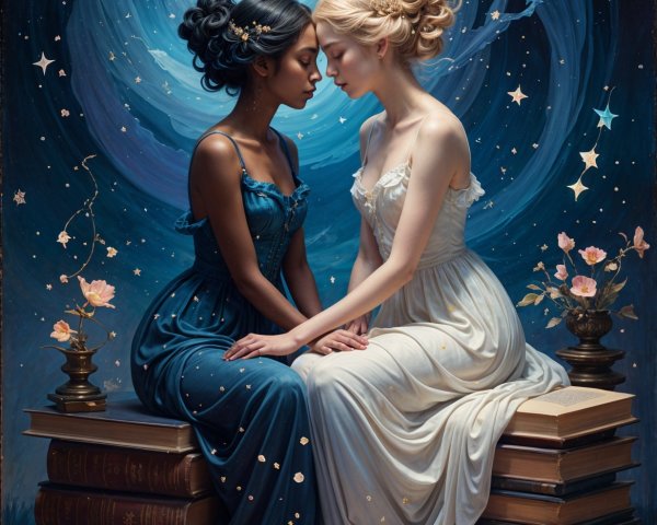 Elegant women in gowns amid cosmic book setting