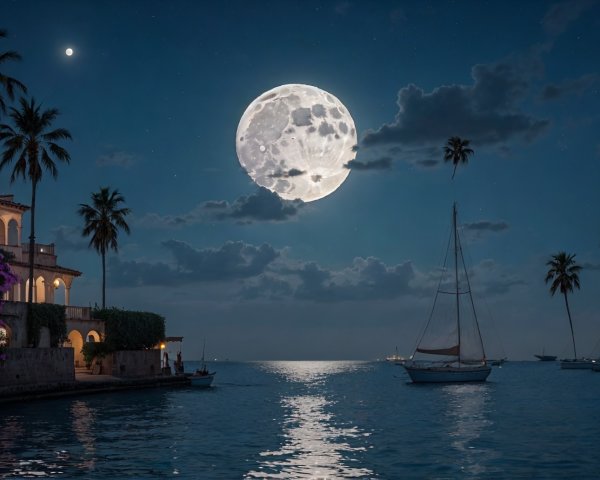 Tranquil Night Seascape with Full Moon and Villa