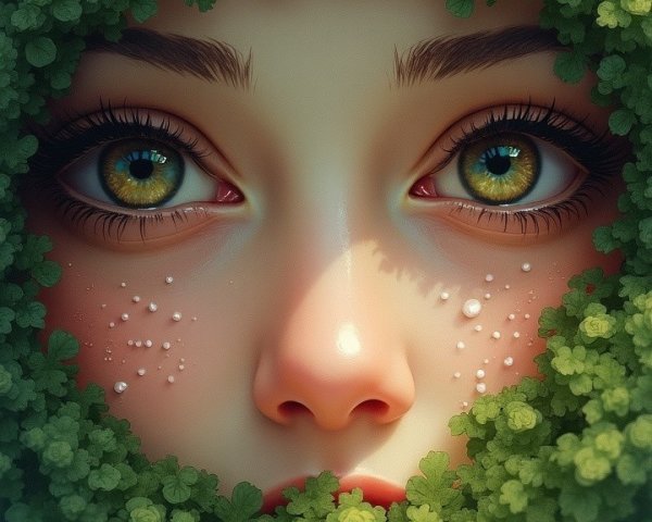 Close-up of a woman's face with green foliage backdrop
