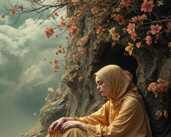 Serene Woman in Golden Robe in Mystical Landscape