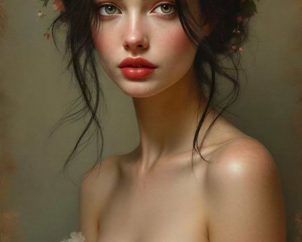 Fantasy portrait of a woman in cream dress with flowers