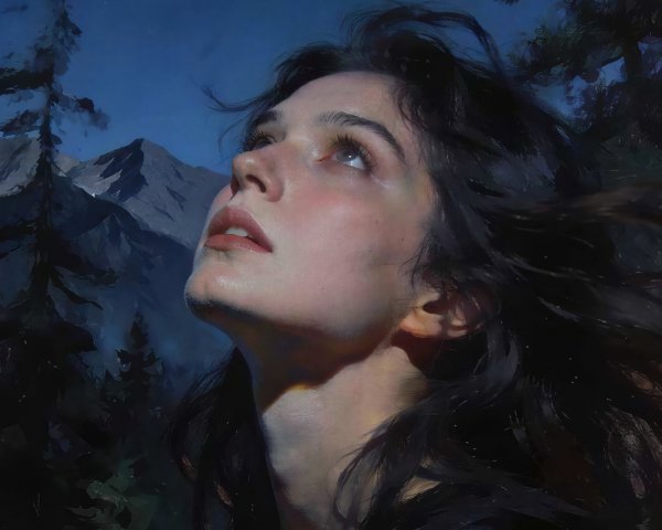 Oil Painting of Young Woman Under Starry Night Sky