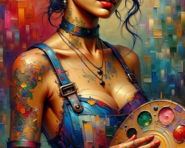 Young woman with tattoos and blue hair in denim apron