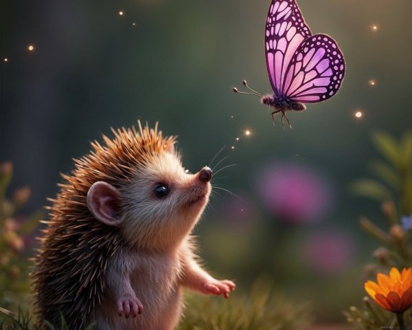 Hedgehog and Butterfly in a Colorful Flower Field