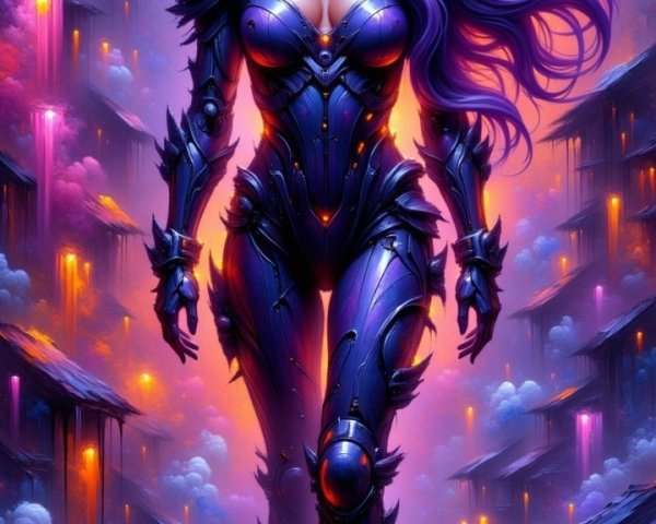 Warrior Woman in Reflective Armor with Purple Hair