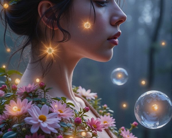 Young Woman Surrounded by Pink Daisies and Stars