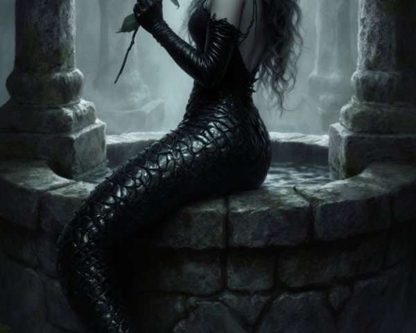 Mermaid on a Stone Archway in Moonlit Ruins