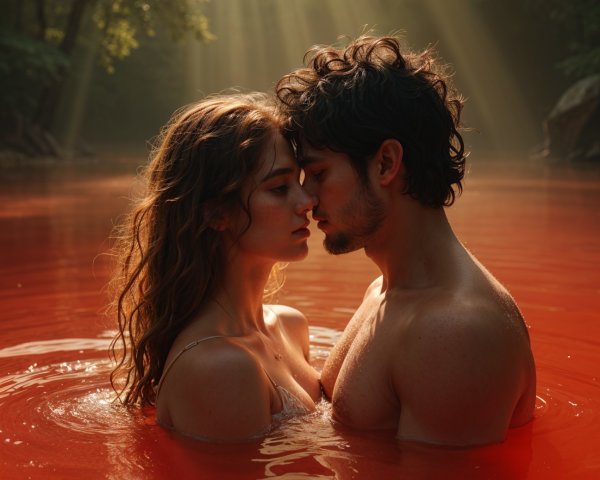 Couple Embraces in Red-Tinted Water Surrounded by Nature
