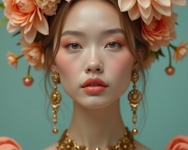 Portrait of a Young Woman in Floral Crown and Coral Gown