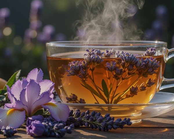 Glass Cup of Herbal Tea with Lavender and Iris Petals
