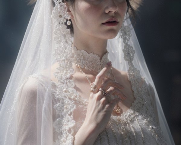 Young woman in white gown with lace and floral crown