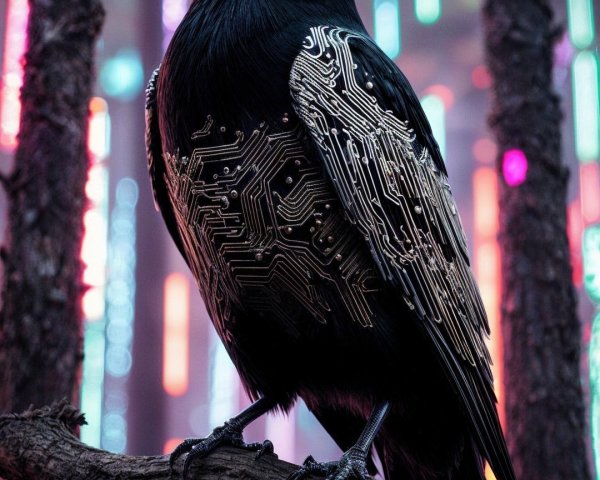 Black bird with circuitry wings in neon-lit forest