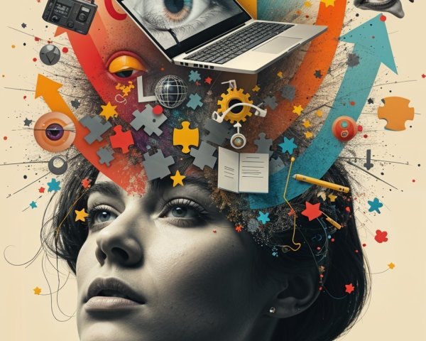 Woman with Creative Thoughts and Colorful Illustrations