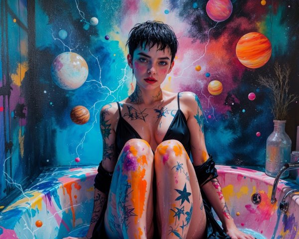 Young Woman in Colorful Bathtub with Cosmic Mural