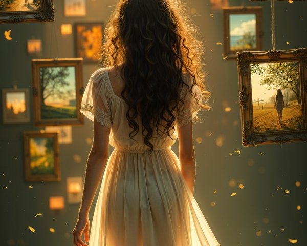 Girl in White Dress Surrounded by Floating Frames